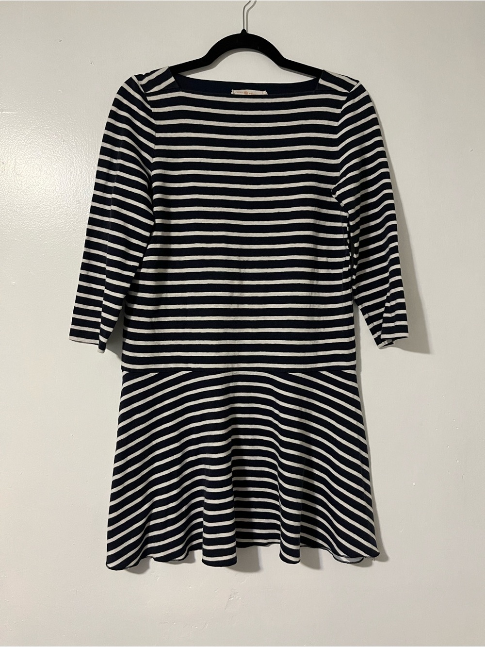 Tory Burch Navy and White Striped Drop Waist LINEN Casual Fit-and-Flare Dress